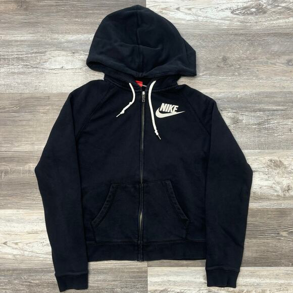 Nike Rally Futura Black Womens Large Club Fleece Full-Zip Mini Swoosh Hoodie - Picture 2 of 9